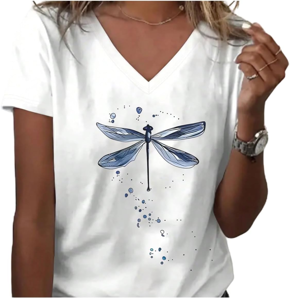 SweatyRocks Women's Blue Dragonfly Graphic Tees Short Sleeve V Neck T Shirts Cute Tops