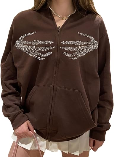 Donne Moda Stampa Grafica Felpe Con Cappuccio Full Zip Con Cappuccio Con  Strass Oversize Casual Manica Lunga Felpa, Marrone, M : Amazon.it:  Abbigliamento