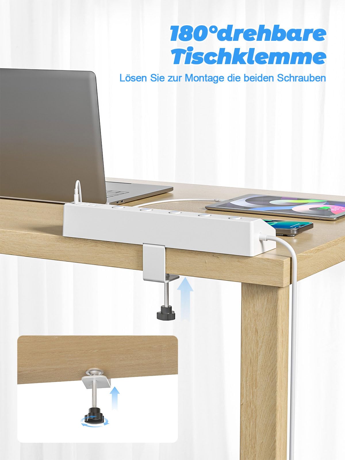 Ciabatta elettrica da tavolo con morsetto USB PD 30 W, 5 prese, multipresa da scrivania con protezione da sovratensione e commutabile singolarmente, presa angolare 10 in 1 con cavo da 3 m, bianco