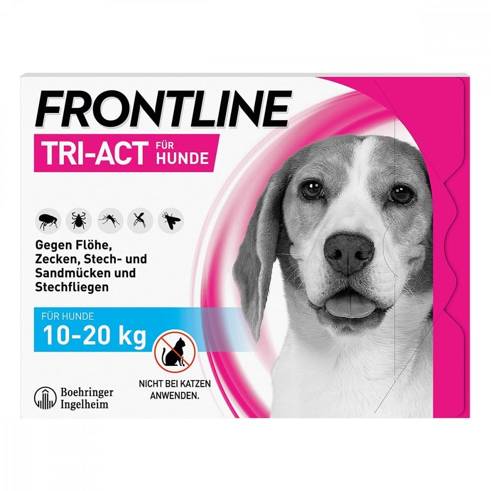 FRONTLINE TRI-ACT Hund M gegen Zecken, Flöhe & Mücken (10 bis 20 kg) | 6x Pipetten für bis zu 6 Monate Schutz - wasserfest - perfekt auf Reisen - beugt Leishmaniose vor
