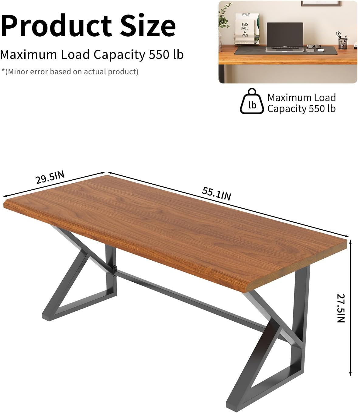 Solid Wood Gaming Desk Office Desk Computer Dining Table in Multiple Sizes Home Office and Work Environments (Yellow-Brown, 55.1 * 13.78 * 17.71)