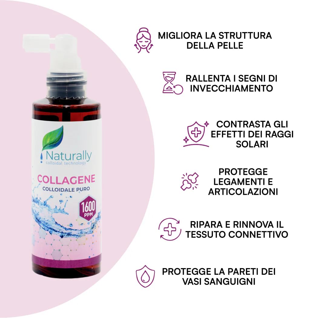 NATURALLY - Collagene Colloidale 1600 PPM 150 ml | Pelle più radiosa, tonica e sana - Contrasta in modo efficace segni dell'invecchiamento e le linee sottili | Flacone spray - Made in Italy