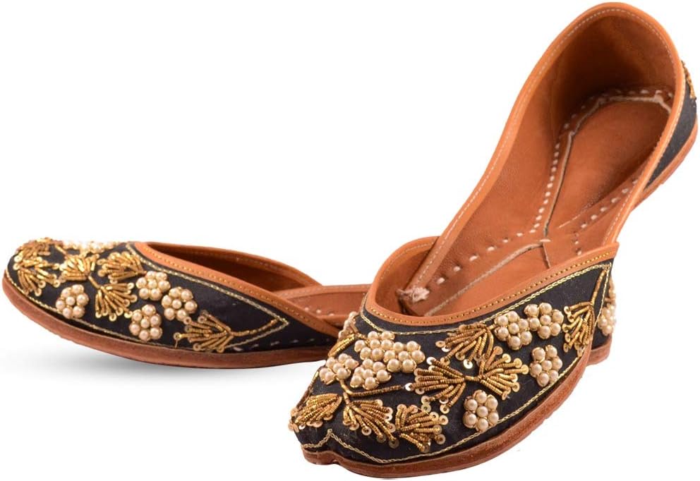 Indian Ethnic Embroidered Jutti Mojari Ballet Flats Traditional Black Pump Shoes for Women