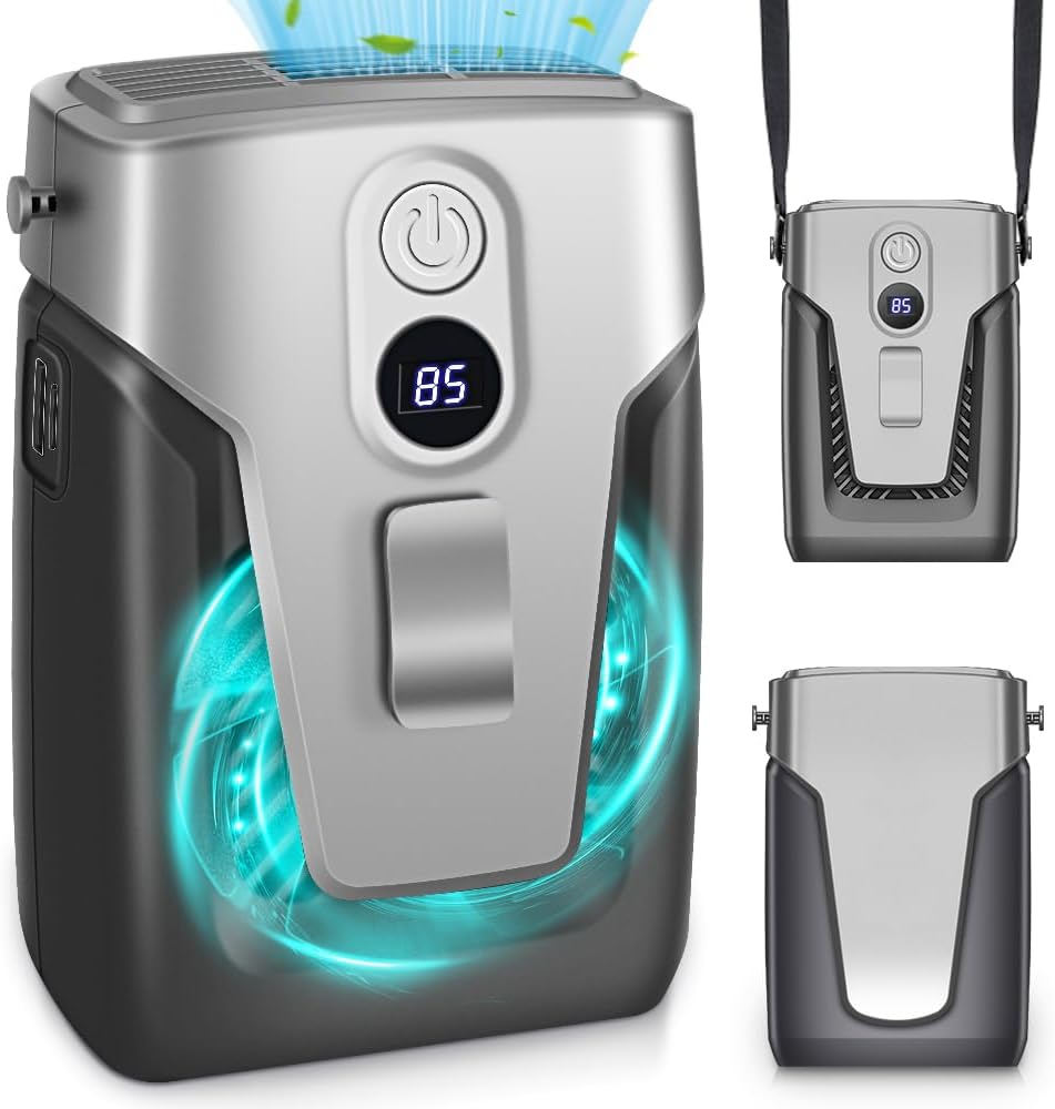 12000mAh Portable Waist Clip Fan, Personal Neck Fan with Lanyard, 30H Working Time, Wearable Body Belt Fan, LED Light, 3 Speeds, Wearable Fan for Outdoors, Farm, Travel, Jobsite, Riding Grey