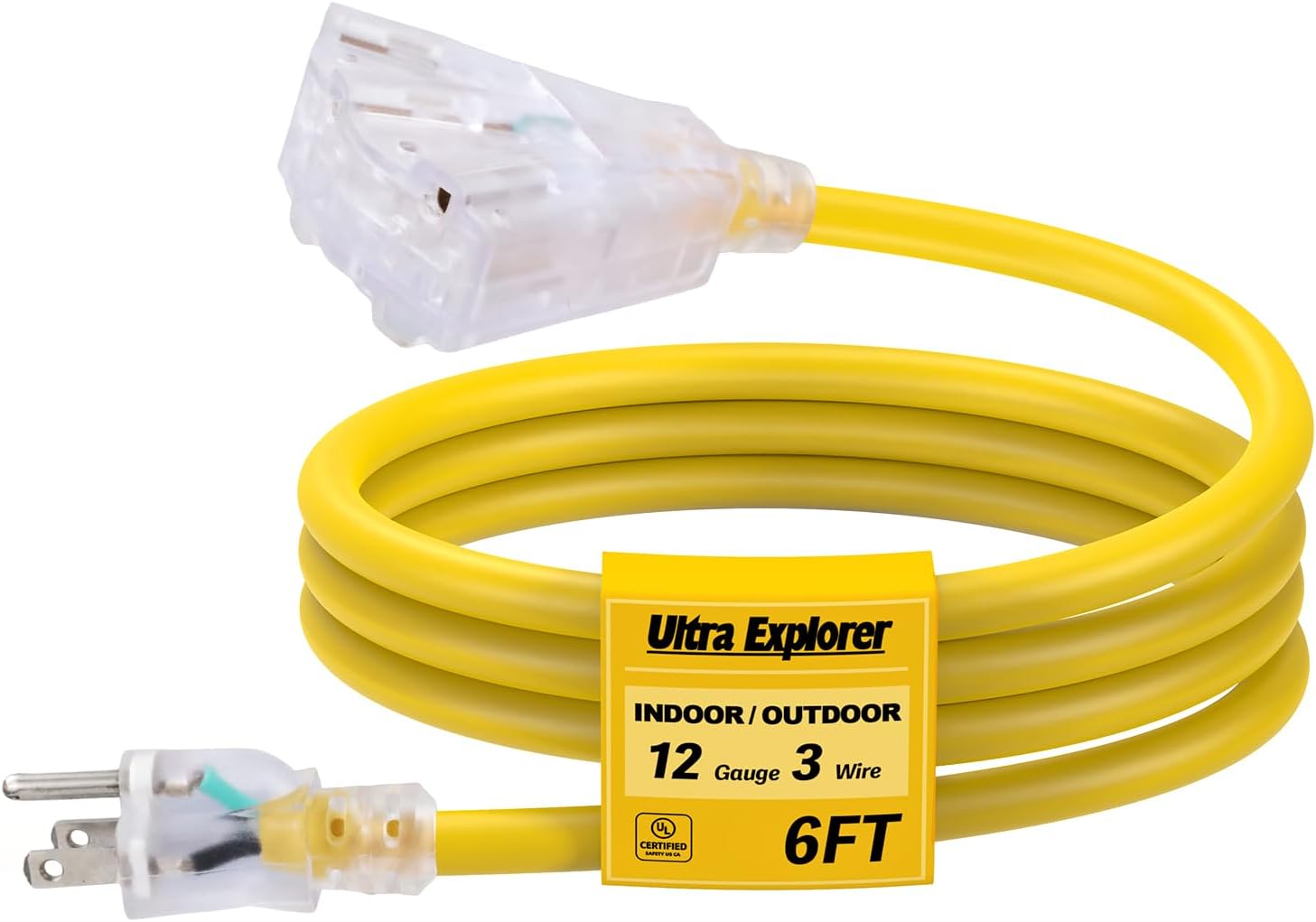 25 Ft Lighted Outdoor Extension Cord with 3 Electrical Power Outlets - 12/3 SJTW Heavy Duty Yellow Extension Cable with 3 Prong Grounded Plug for Safety, UL Listed