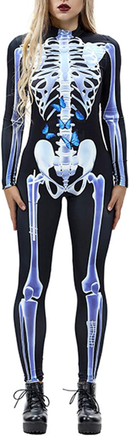 Funcok Skeleton Skull Costume Halloween Cosplay Jumper for Women Jumpsuit White M