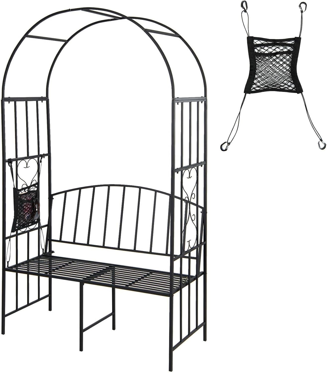 TANGZON Metal Garden Arch with Bench, 205CM Outdoor Lawn Trellis Arbor