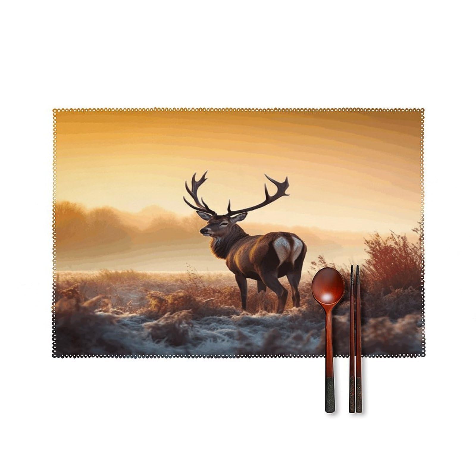 Landscape Deer Placemats Set of 6 Heat Resistant Non-Slip Place Mats Washable Wipeable Table Mats Elegant Farmhouse Placemat for Kitchen Dining Outdoor Party Table Decor