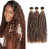 Ombre Bundles Human Hair Brown Bundles P4/30 Kinky Curly Human Hair Bundles 16 18 20 Inch Ombre Brown Curly 3 Bundles Two Tone Dark Brown and Honey Blonde Bundle Human Hair Weave