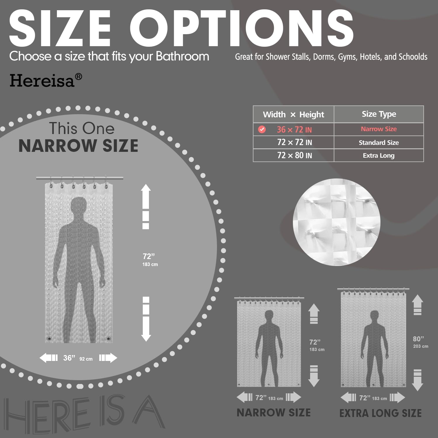 Narrow 3D Ice Cube Shower Curtain - PEVA Waterproof Bath Curtain with 6 Metal Grommets & 2 Magnets, Lightweight 3G Transparent Design, 36x72 Inches