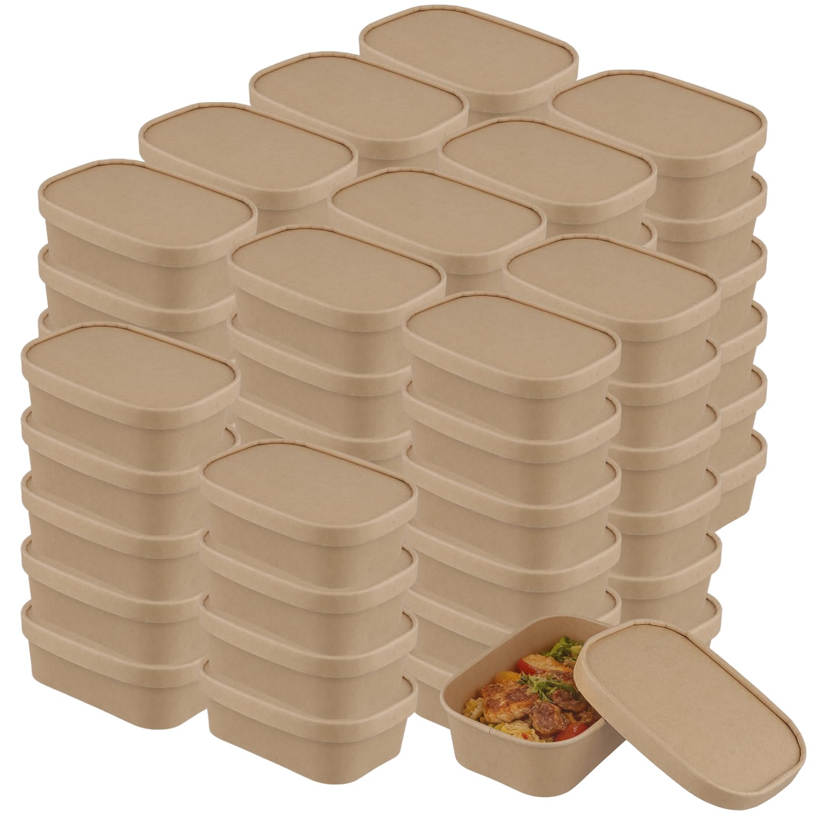 50 recipientes de papel kraft de 650 ml con tapas de papel, caja rectangular para llevar, caja de ensalada Kraft para restaurante, comida callejera, fiesta, comida de almuerzo, color marrón