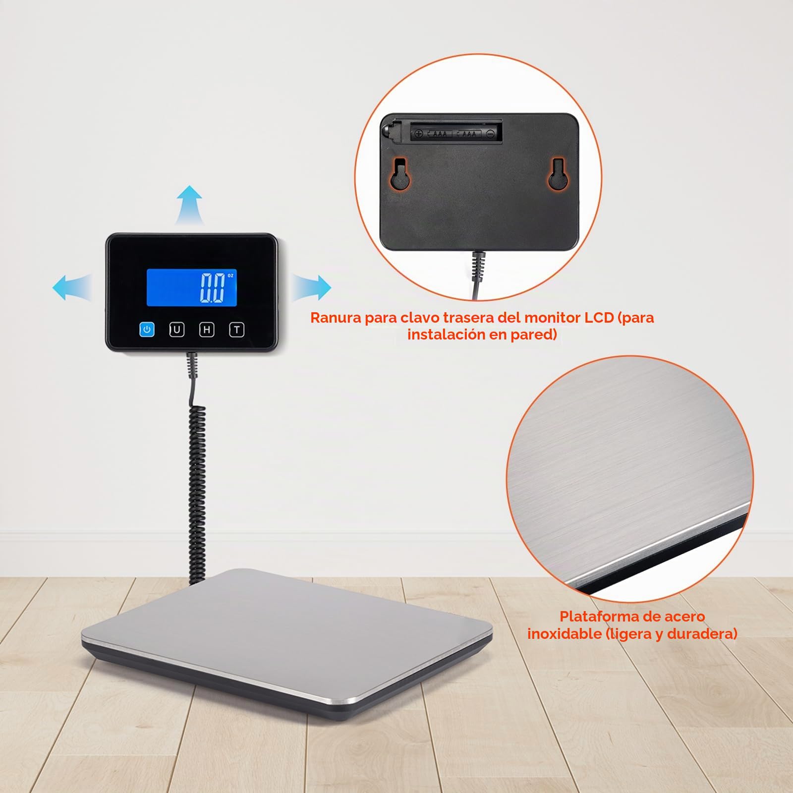 MUNBYN Bascula Industrial, Balanza Postal 200kg/50g, Bascula Maletas Viaje, con Función de Retención/Tara, Pantalla LCD, Acero Inoxidable, para Equipaje y Almacén, Incluye 2 Pilas AAA y Cable Tipo C