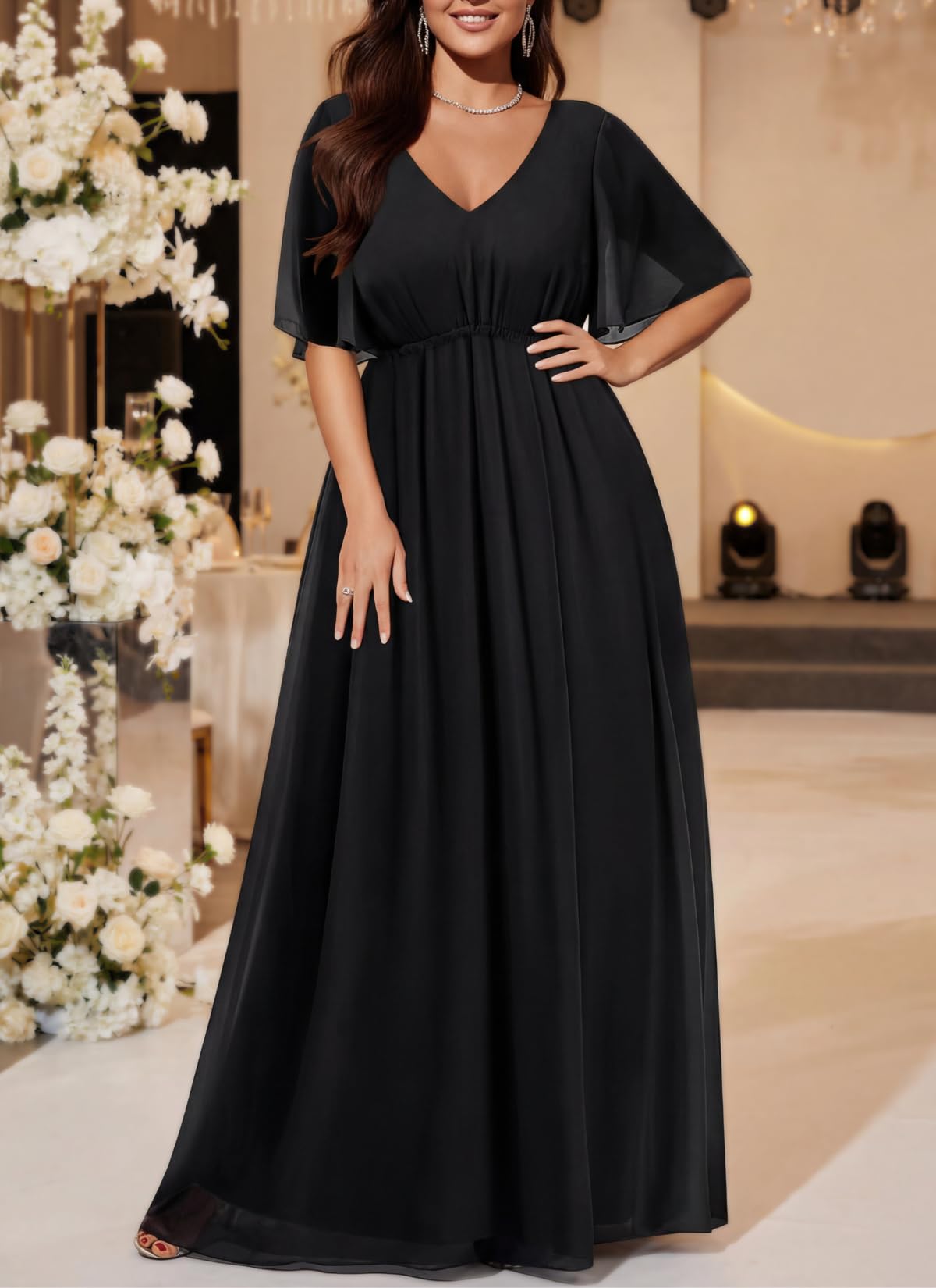 Pinup Fashion Vestido Largo Formal de Gasa con Doble Cuello en V y Cintura Imperio para Fiesta de Noche, Talla Grande