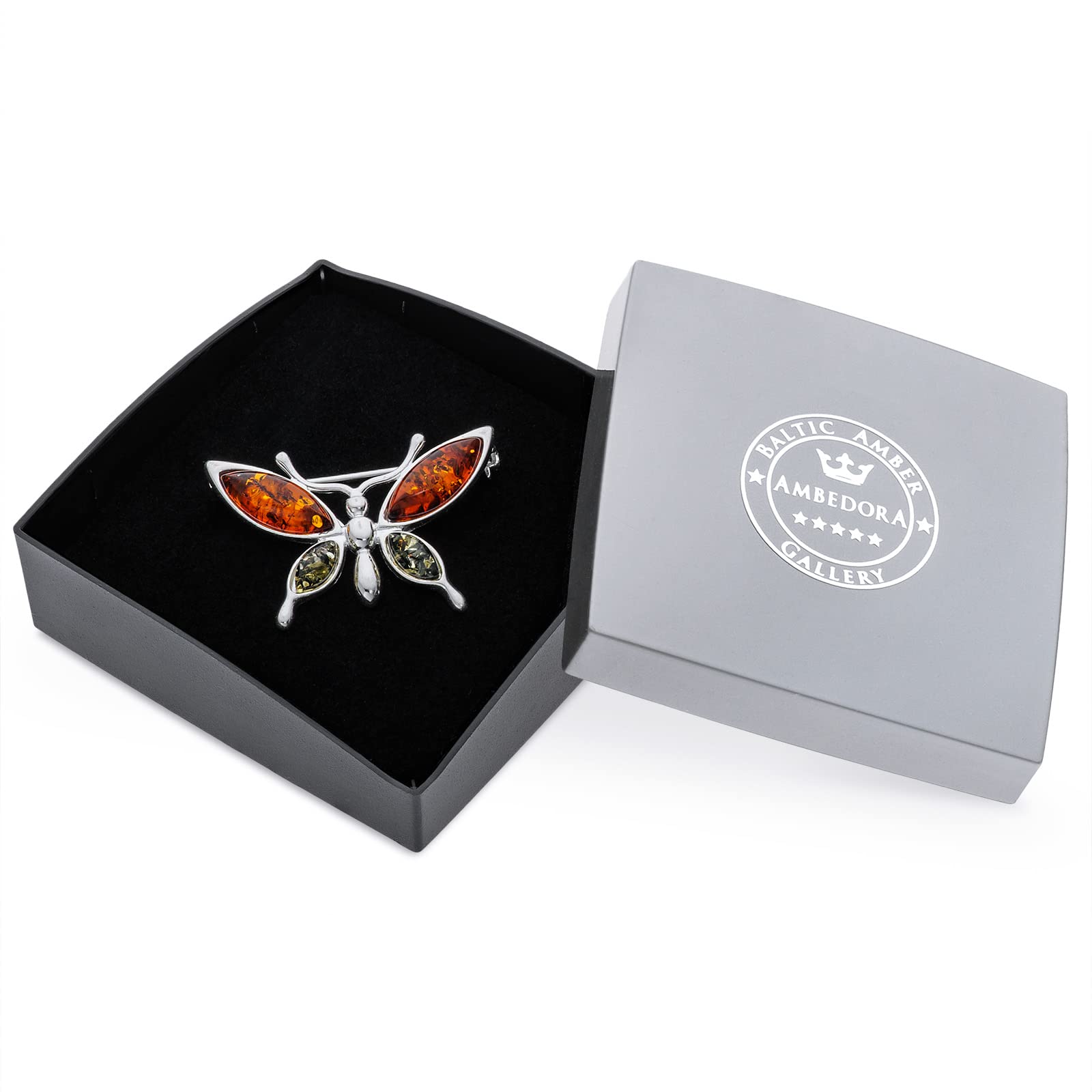 Damen Silber Schmetterling Brosche mit Bernstein, Poliertes Sterling Silber, Baltischer Bernstein in Zwei Farben
