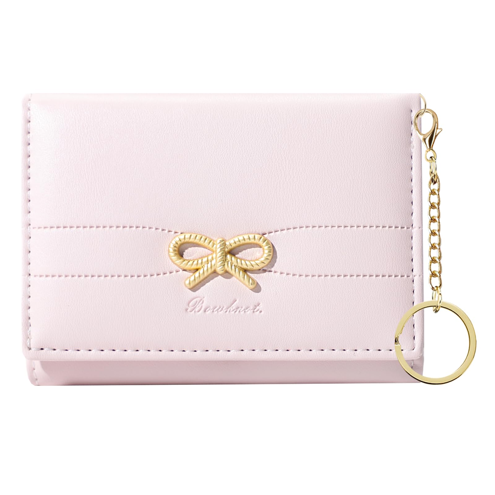 Cute Coquette Bow Wallet with Key-chain Aesthetic Card Holder ID Window for Women Girls (PINK)