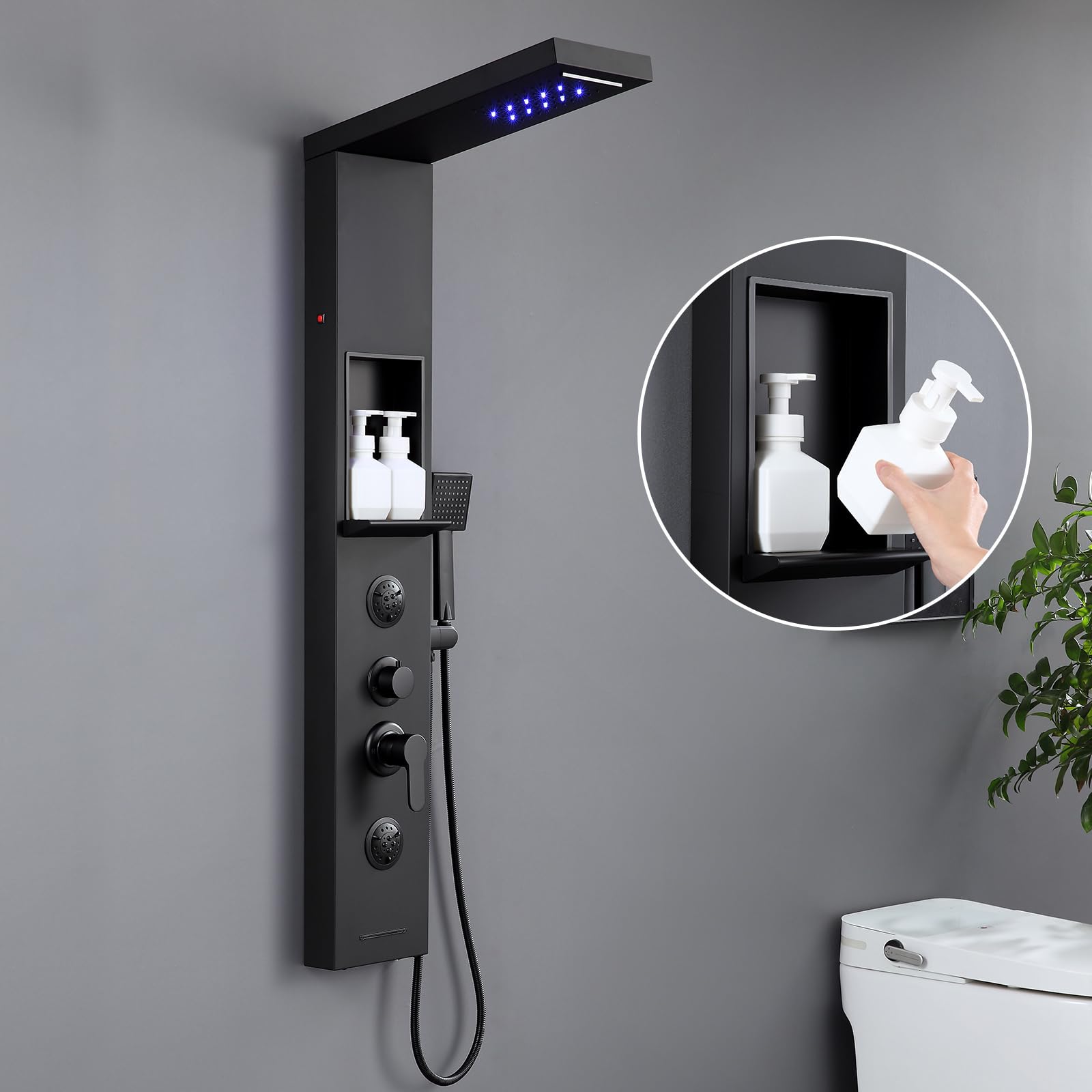 Panneau de douche LED avec robinet et étagère, noir, colonne de douche 6 fonctions, douche pluie et cascade, buse de massage 2 modes, douchette à main et bec de baignoire cascade, acier