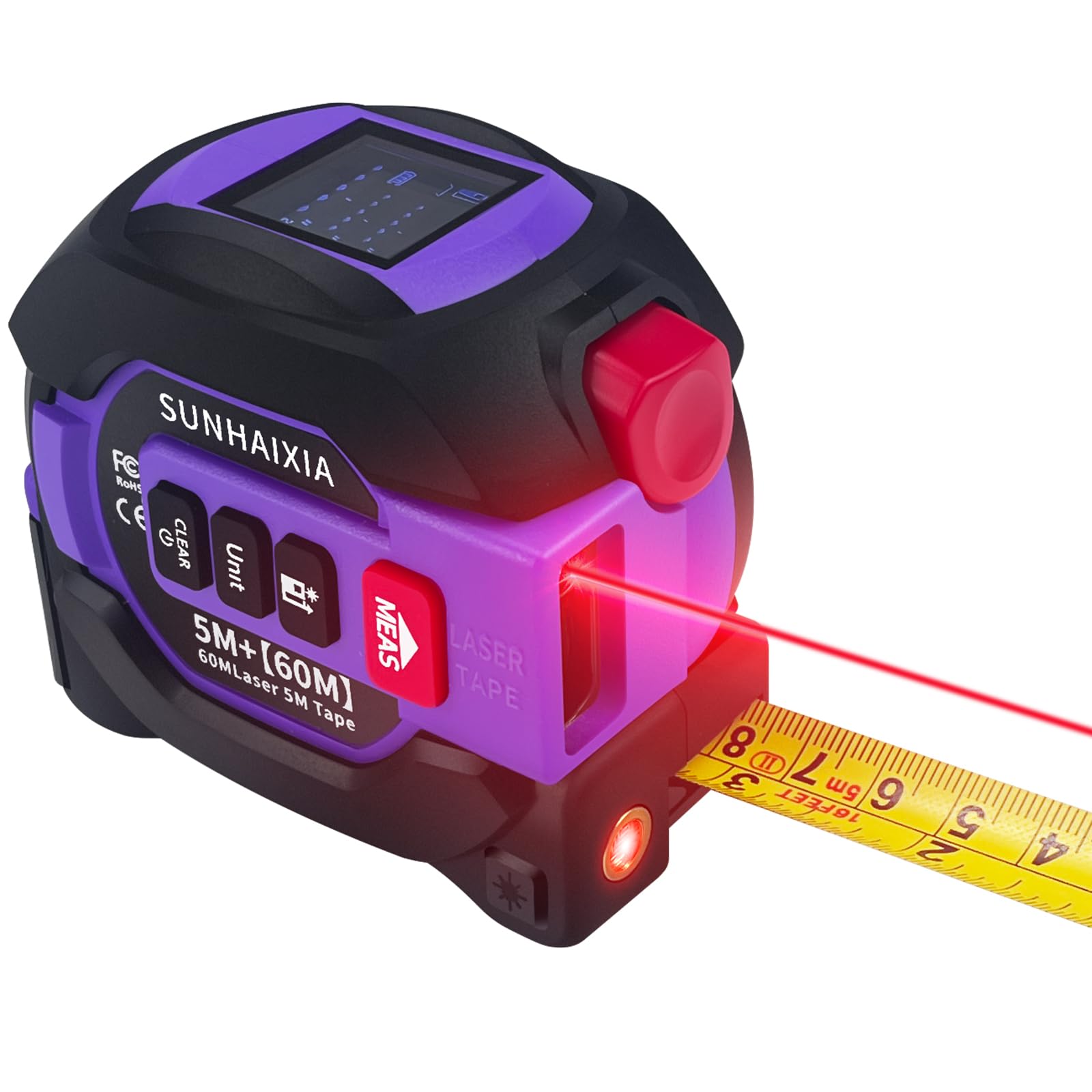 Fitdays 3-in-1 Laser Tape Measure with Cross Line Level - Digital Laser Measurement Tool 197ft/60m, Auto-Leveling LCD Display, in/ft/m Units | 16ft/5M Tape | (Purple-60M)