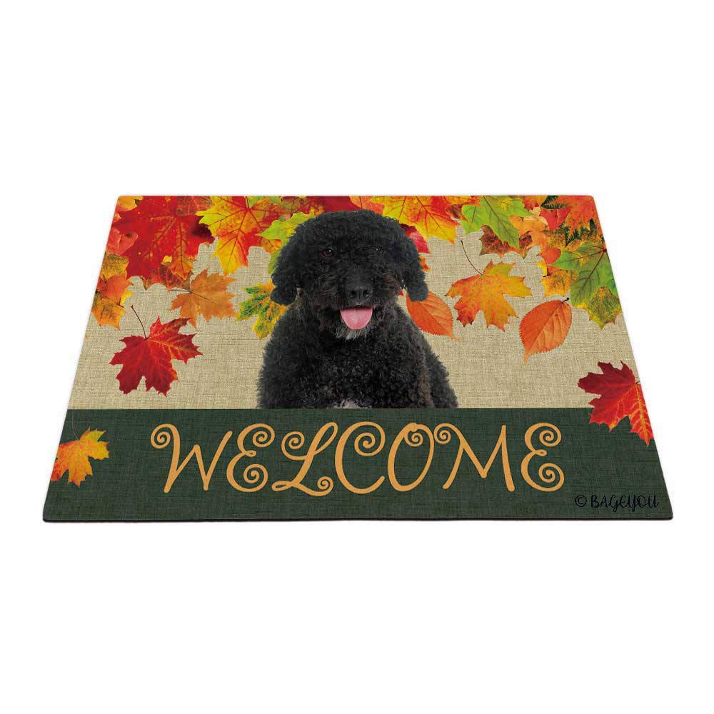 BAGEYOU Welcome Fall with My Favorite Dog Spanish Water Dog Outdoor Doormat Maple Leaf Harvest Season Rustic Decor Porch Rugs Floor Mat 35.4" x 23.6"