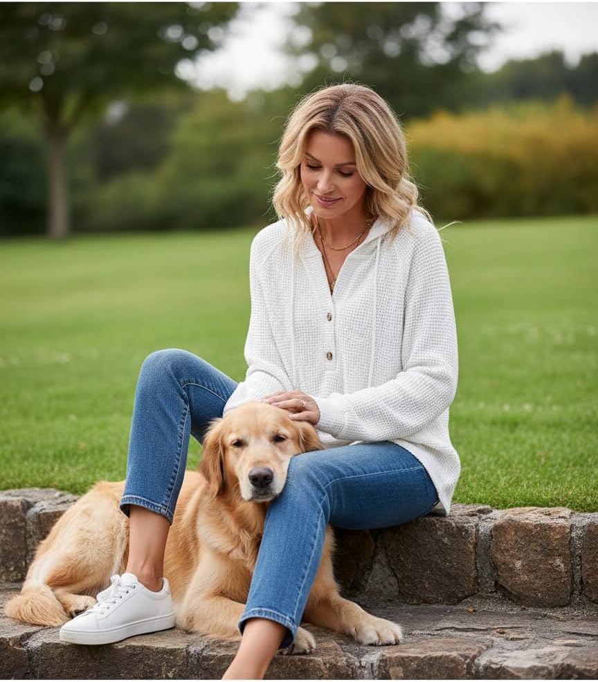 Dokotoo Hoodies for Women Waffle Knit Long Sleeve Drawstring Button V Neck Casual Pullover Sweatshirt Hooded Tops - Image 3