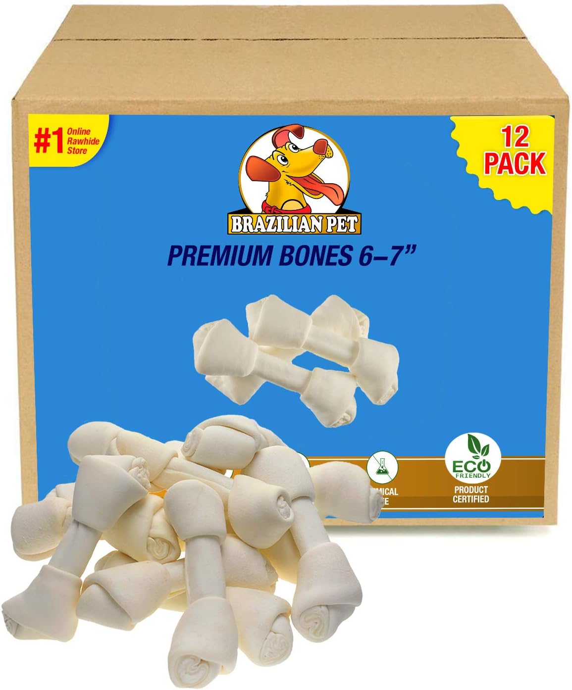 Brazilian Pet Rawhide Bones 6-7 Inches, Premium Quality Dog Bones, 100% Natural, Beef Hides Chews (12 Pack)