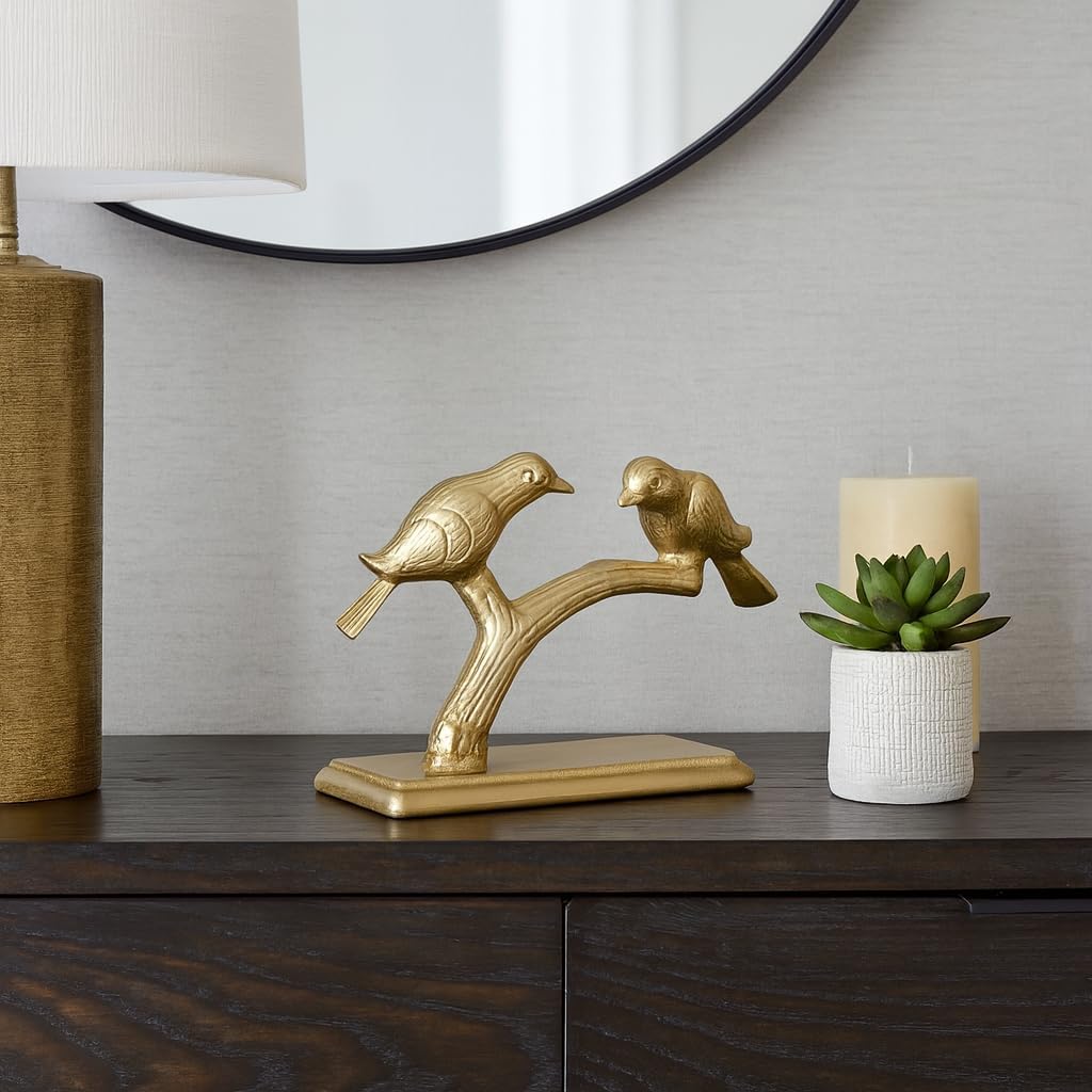 Metal Perched Bird Sculpture for Home Decor - Decorative Figurine for Bathroom, Office, and Living Room Decor - Ornaments for Hallway, Shelf, or Coffee Table Display - 7", Gold & Metallic