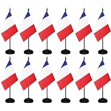 12 Pcs France Desk Flags Set, French Small Mini Table Office Mini Desktop Flag With Black Flagpole and Black Base For Home Office Decoration,138Inches