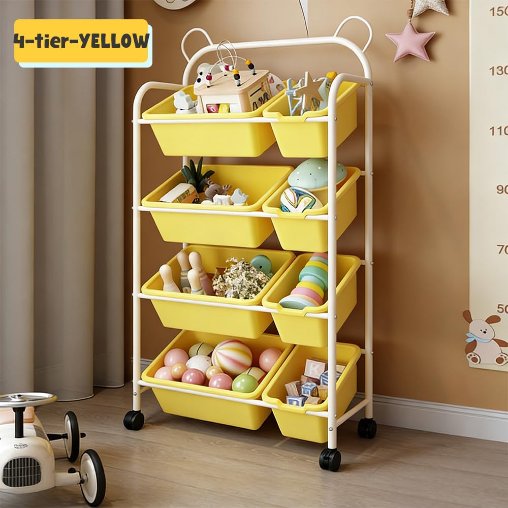 Organizador de Juguetes Infantil con Ruedas, 8 Cajas Amarillas Extraíbles, 4 Niveles, 63x28.5x122.5cm, Diseño de Orejas de Oso, Almacenamiento para Habitación Infantil (4 Tier)
