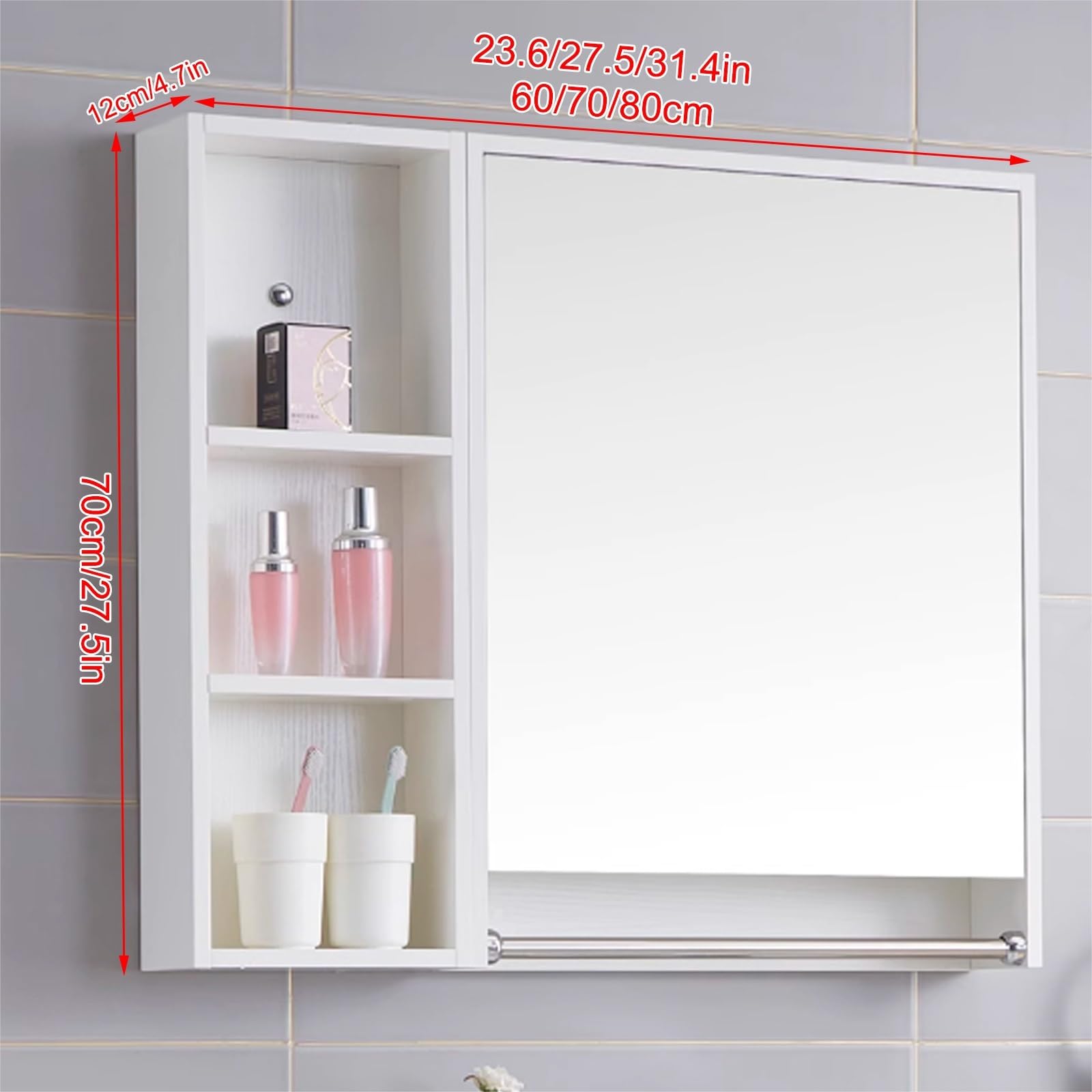 Hängeschrank Spiegelschrank Fürs Bad ，Badezimmerschrank Mit Spiegel，Massivholzmaterial, Hochauflösender Spiegel, Mehrschichtige Lagerung, Robust Und Langlebig(White,80cm/31.4in)
