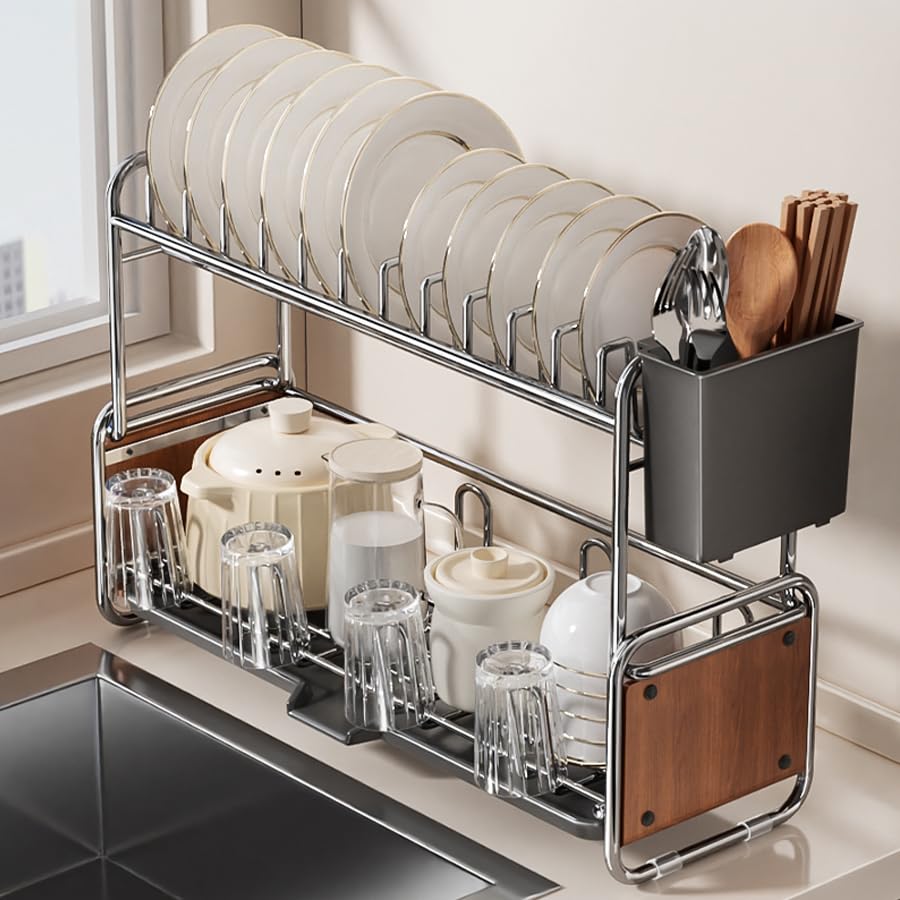 Zilnox 水切りラック スリム ステンレス 食器 水切り かご シンク上 ラック 大容量 キッチン 箸立て 省スペース 食器乾燥 2段 ブラウン 幅43*奥行17*高32CM