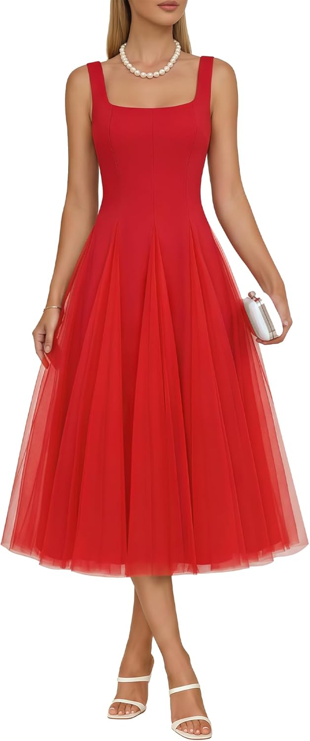 Aupuls Elegant Tulle Wedding Guest Dresses for Women Square Neck Prom Dress