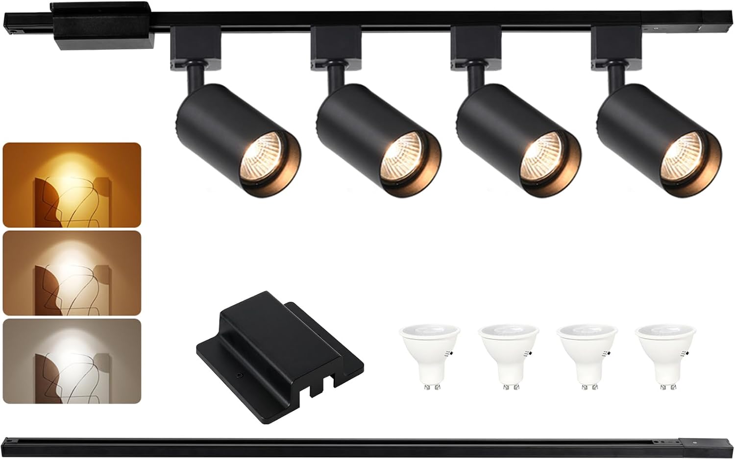 3-Color 4-Light LED Track Lighting Kit with 3.3FT H Track Lighting Rails & Canopy Connector, GU10 Dimmable Track Light Kit, Modern Kitchen Track Lighting Fixtures Ceiling Spot Light, Black