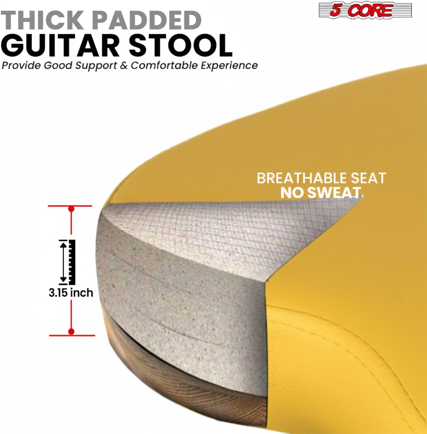 5 CORE Guitar Stool Adjustable with Back Support Foldable Musician Chair & Foot Rest for Acoustic, Electric, Bass Padded Seat, Ideal Guitar Stools for Adults Yellow