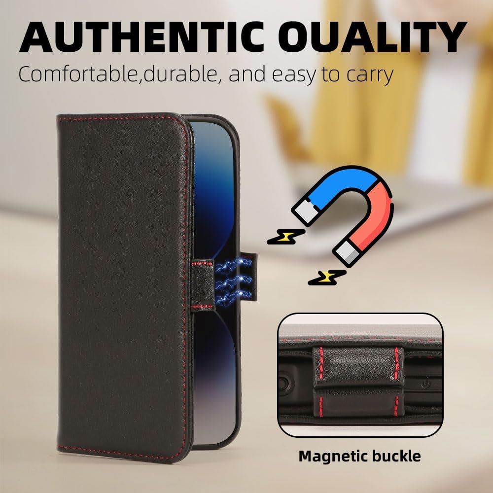 Wallet Case for iPhone 16 Pro 6.3" for Women Men, RFID Blocking Card Holder Genuine Leather Flip Shockproof Cover Magnetic Closure Protective Phone Cover(Black)