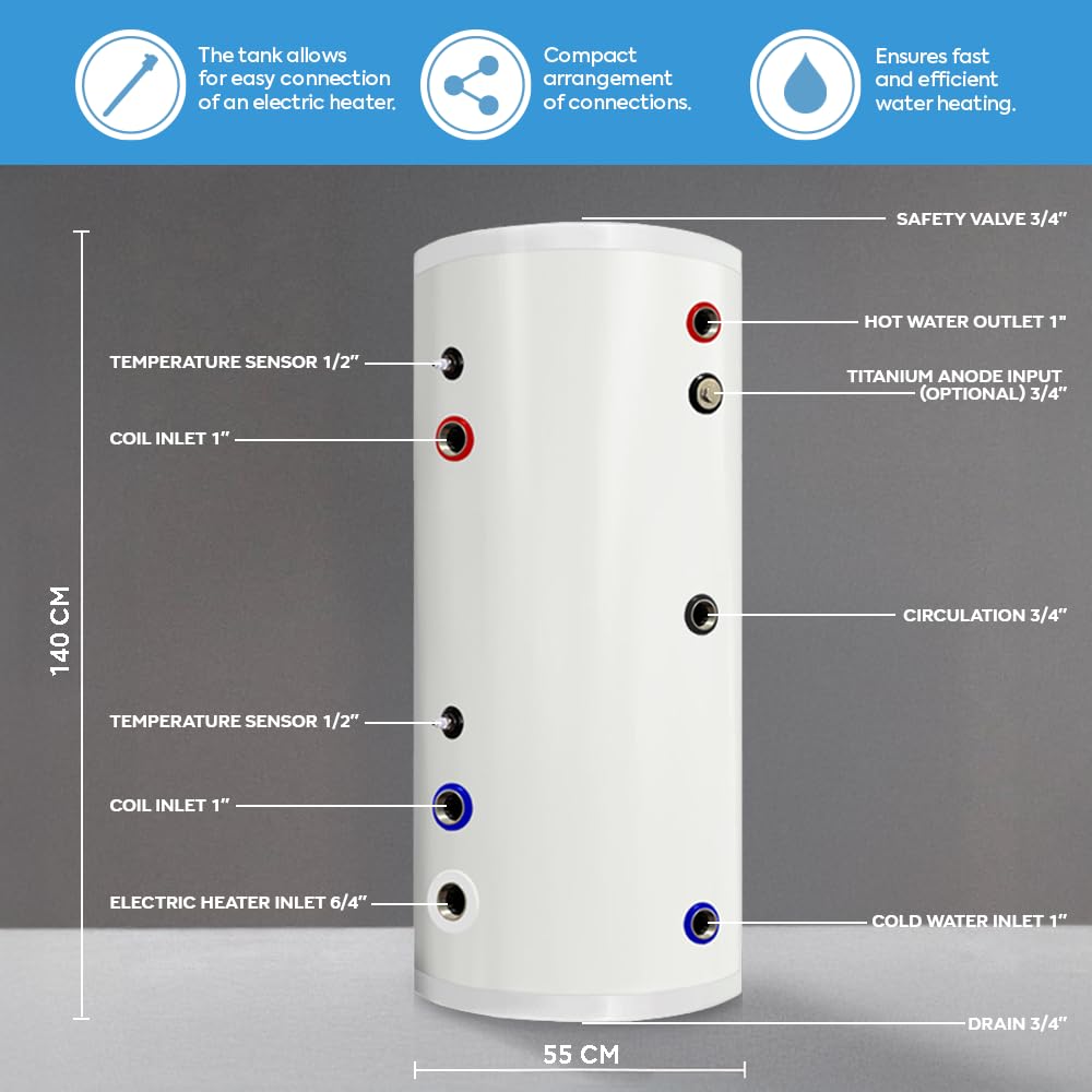 TECHGLOBE - Ballon d'eau chaude - 1 échangeur de chaleur (2,8 m²) - en acier inoxydable - Économe en énergie - avec isolation 50 mm (200 L)