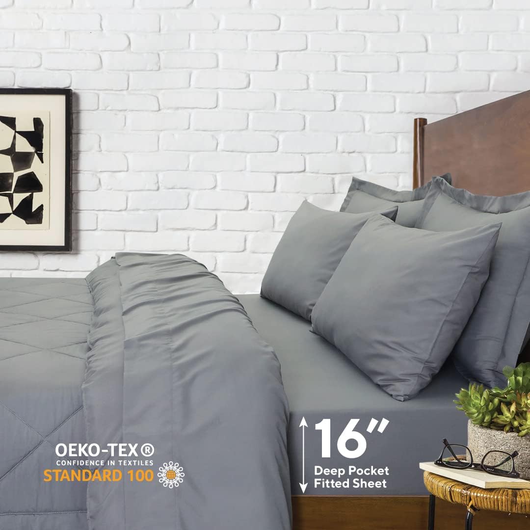 EnvioHome Bed in a Bag Queen Comforter Set with Sheets, Light Grey - 7 Pieces, All Season Soft Bedding Sets Queen with Comforter, Pillow Sham & Queen Sheet Set (Fitted Sheet, Flat Sheet & Pillowcase)