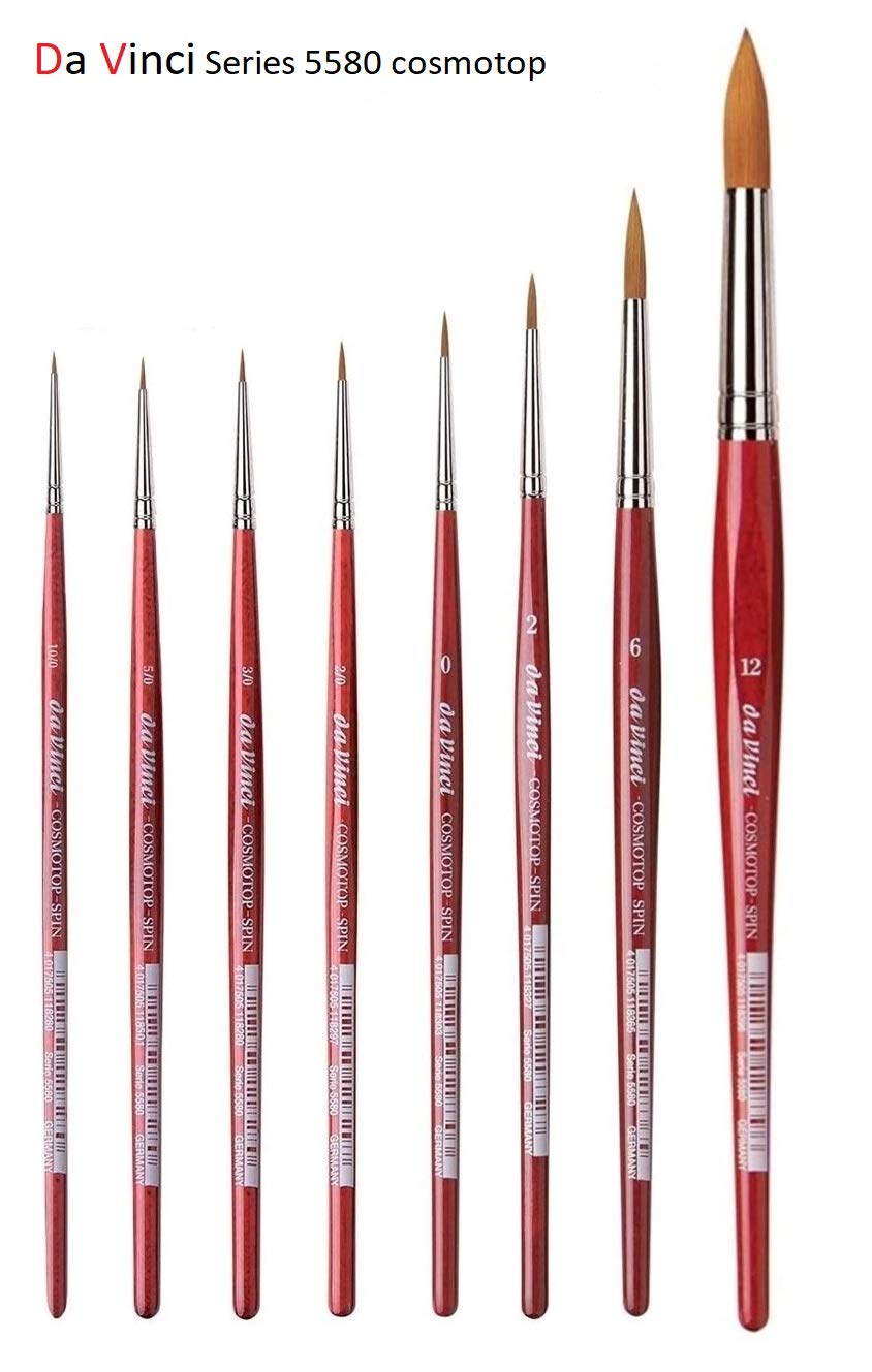 Seria Da Vinci 5580 cosmotop Spin Braun - Zestaw 8 akwarelowych pędzli syntetycznych, nr 0/10, 0/5, 0/3, 0/2. 0, 2, 6, 12 Wyprodukowano w Niemczech