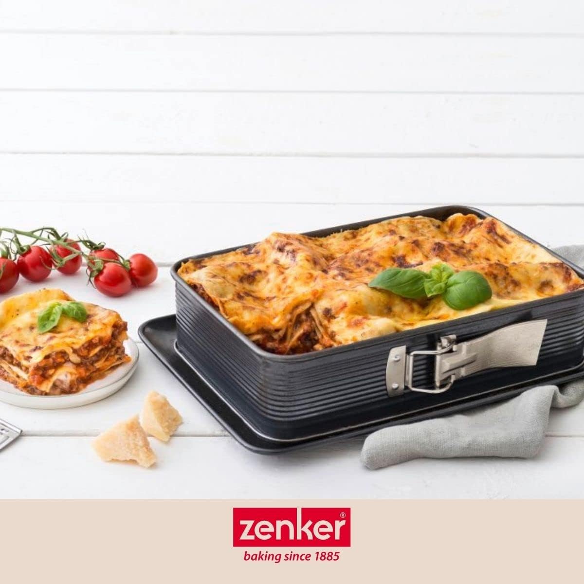 Zenker Molde desmontable para lasaña 7021 DELUXE, molde rectangular con base plana esmaltada, molde para pastel con protección contra fugas (color: negro metálico), cantidad: 1 pieza