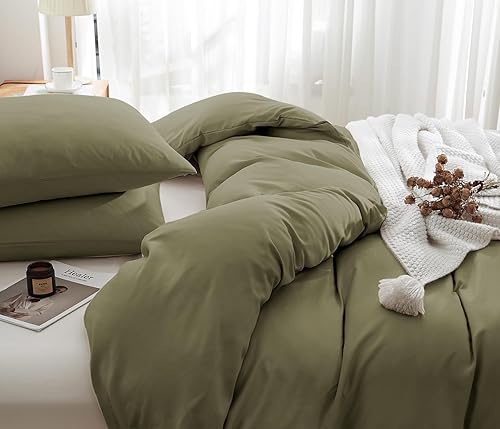 Miniatura 3 de Juego de funda de edredón tamaño Queen de 3 piezas, suave y cómoda, juego de ropa de cama de microfibra minimalista verde oliva con lazos de