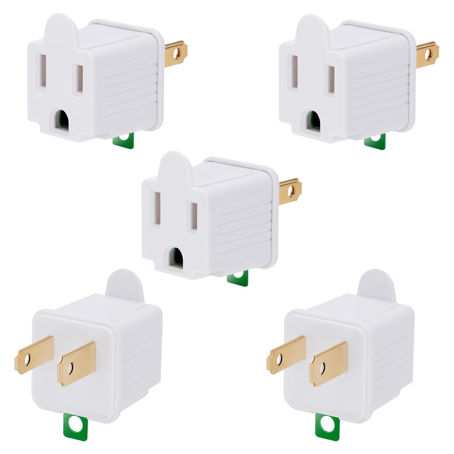 Togconn 3-Prong to 2-Prong Outlet Adapter 5-Pack | ETL Listed Polarized Grounding Converter, Portable White 125V/15A