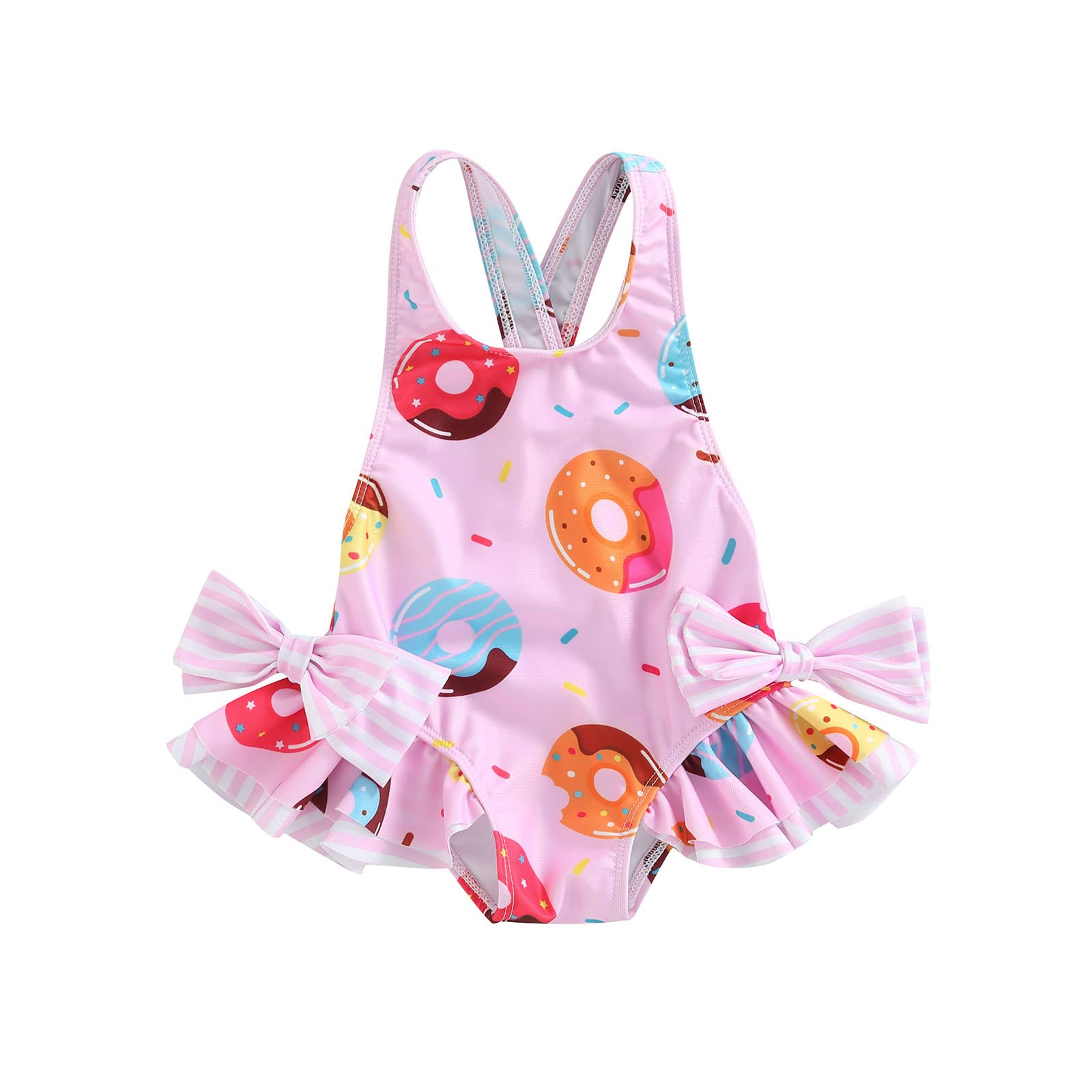 Yccutest Toddler Baby Girl One Piece Swimsuits Sweet Print Ruffles Bikini Suspender Bowknot Swimwear Bathing Beach Outfits (Donut,3-4 Years)