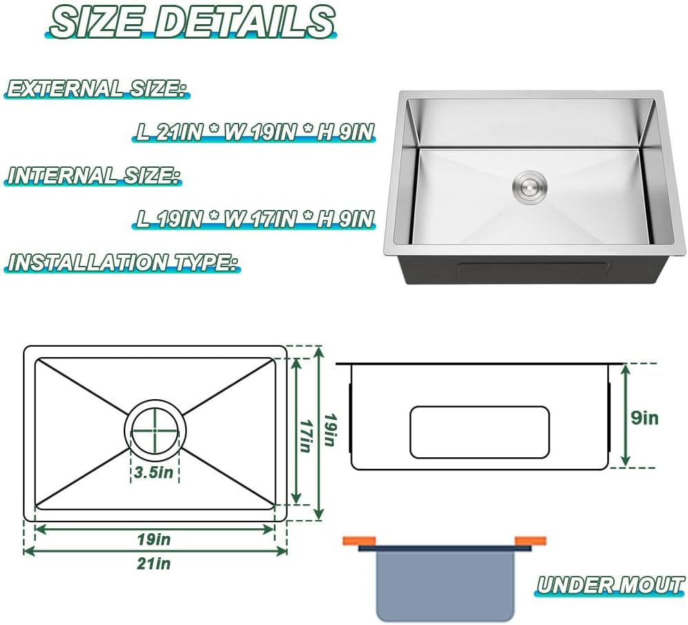 21 x 19 Inch 304 Stainless Steel Undermount Bar Sink,Silver Gray Single Bowl Workstation kitchen Sink With Protective Bottom Grid For Camper,RV Sink