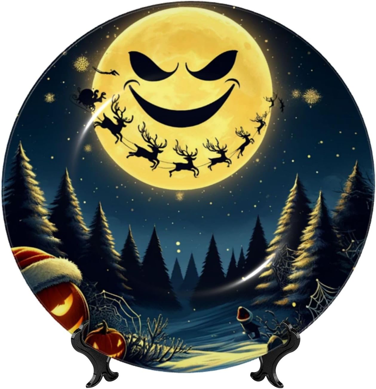 Santa-Reindeer-Pumpkins-Xmas-Hats 10 Inch Decorative Plate With Stand, Elegant Display Wall Plate For Home Decor