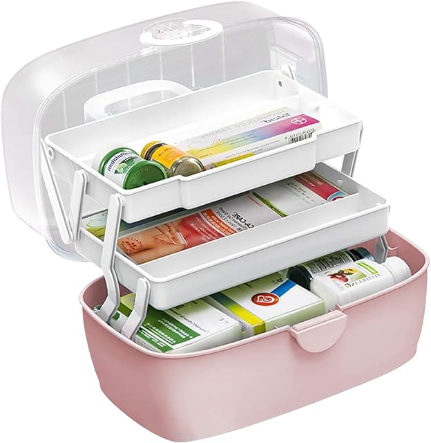 Medicine Box,First Aid Box,Portable Medicine Chest Storage,Organizer Box,Fold 3-Layer Large Medicine Cabinet,Storage Case for Home,Outdoor, Pink 30X19X16 cm
