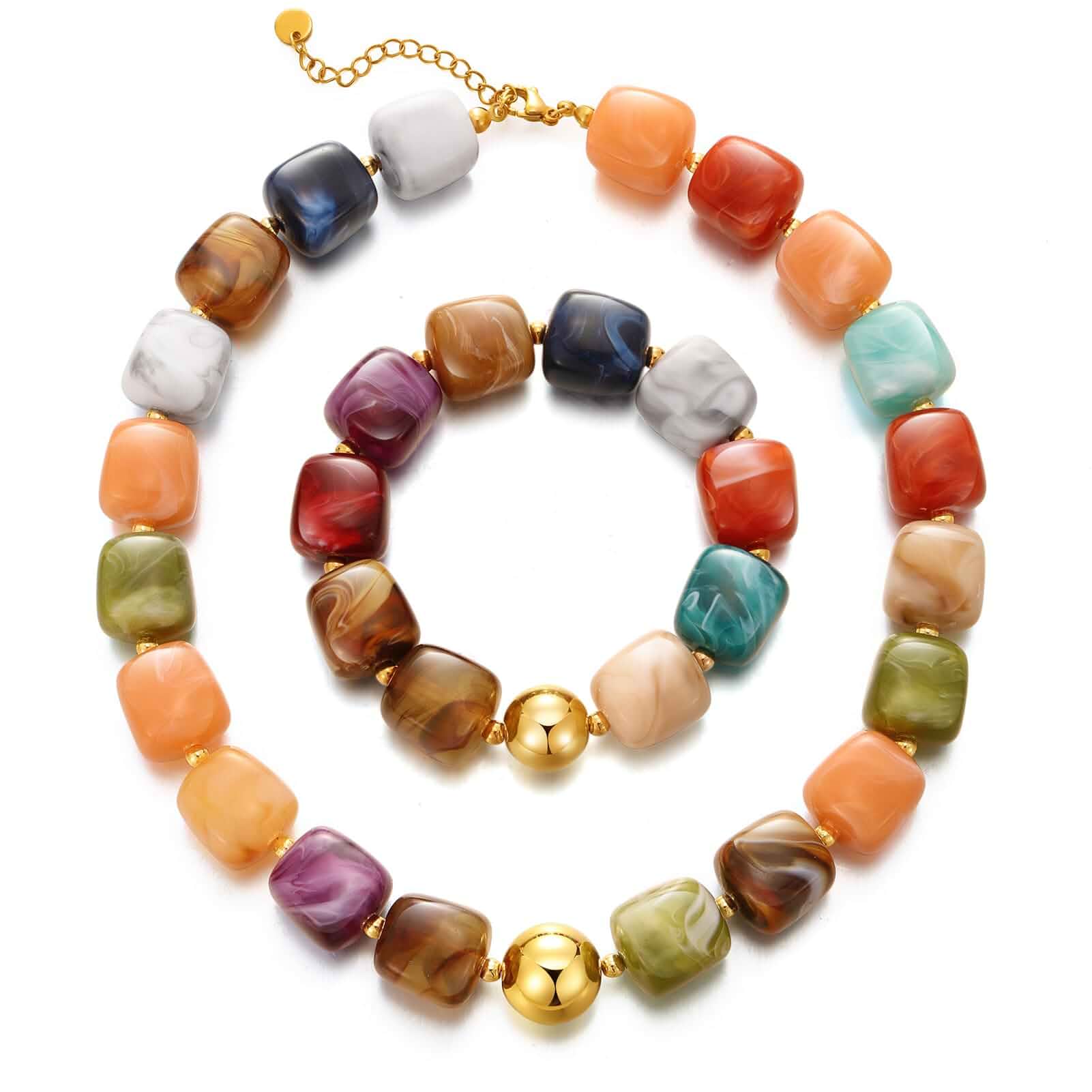 KISS WIFE Colorful Resin Bead Necklace and Bracelet Set for Women Matching multicolor resin bead jewelry set in chunky and boho styles for summer, beach, travel and everyday outfits