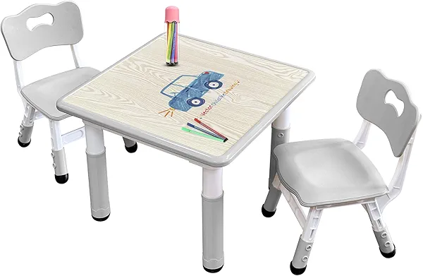 JIAOQIU Kids Table & Chair Set with Adjustable Toddler-Safe Non-Slip Legs, Activity & Graffiti-Proof Desktop Ages 3-12