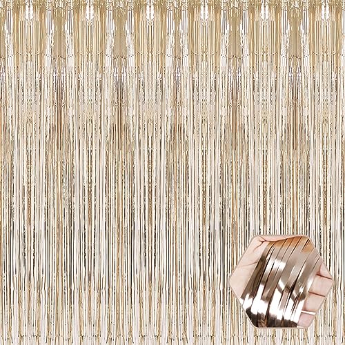 Image of 6 Pack Champagne Gold Foil Fringe Curtain Backdrop, 3.28Ft x 8.2Ft Metallic Tinsel Foil Fringe Streamer Curtains for Photo Booth, Christmas Day, Thanksgiving, Wedding, New Year Party Decorations