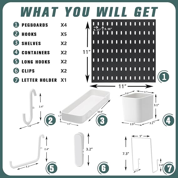 MULSAME Pegboard Combination Kit, Wall Mounted Storage Set with 4 Pegboards & 14 Accessories Hanging, Black Peg Boards Organizer for Walls Display, Crafts Organization, Kitchen Organizer, 22 x 22