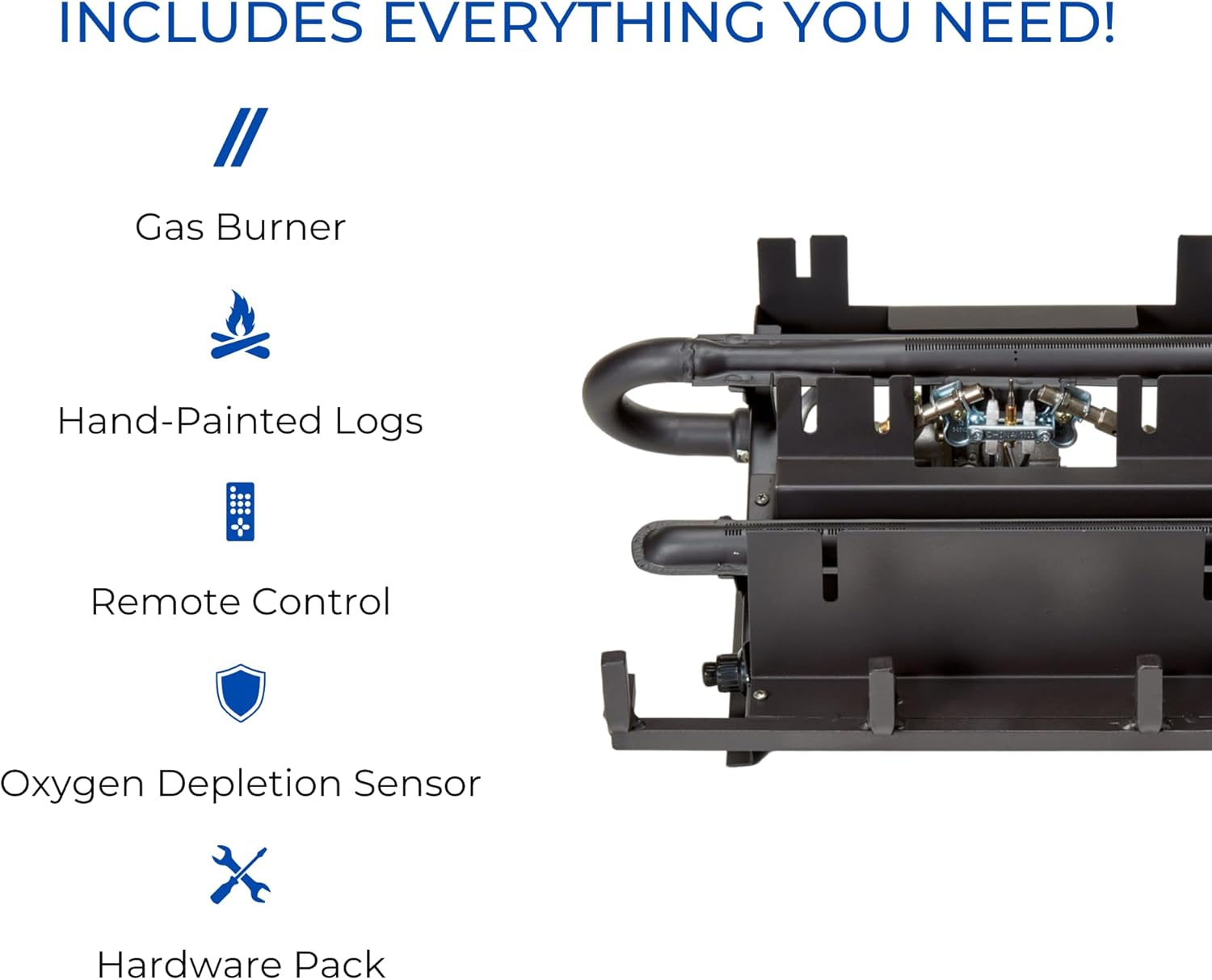 Image showing all components included with the Duluth Forge DLS-18R-2 log set: gas burner, hand-painted logs, remote control, oxygen depletion sensor, and hardware pack.