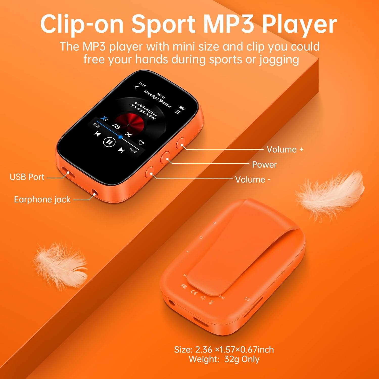 32GB Mp3 Player with Bluetooth Sports Clip-on Music Player Support FM Radio Voice Record E-Book Calendar Alarm SupportMicros SD Card Up to 512GB
