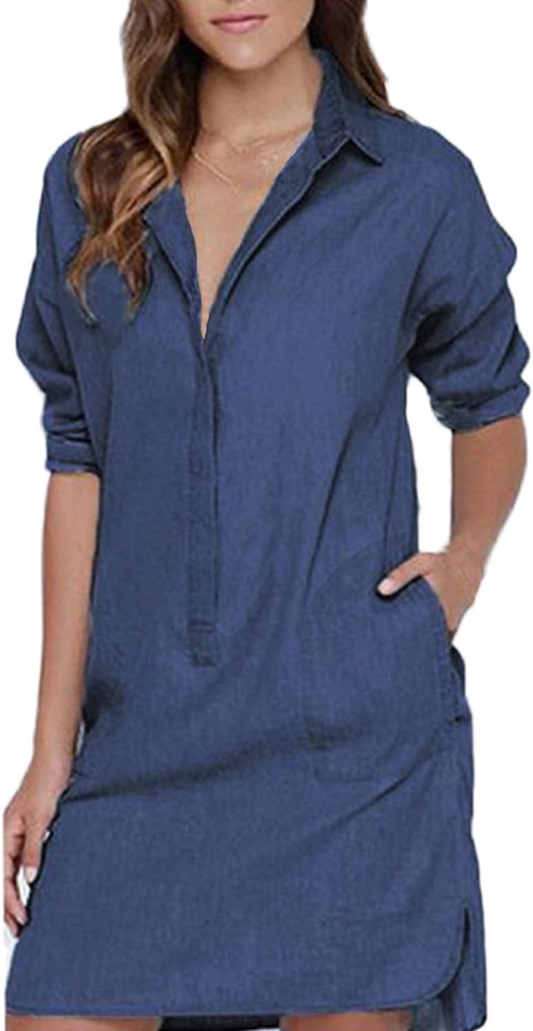 Auxo Women's Lapel Button Down Long Sleeve Pocket Denim Shift Mini Dress Tops Blue 3XL